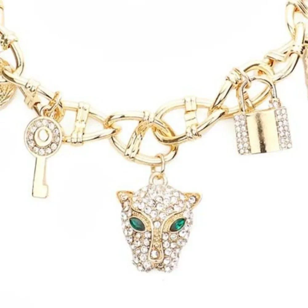 Leopard Rhinestone Heart Key Lock Flower Gold Station Necklace Set NWT - Picture 3 of 7